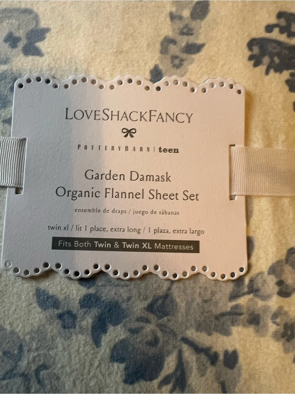 NWT Pottery Barn Teen LoveShackFancy Garden Damask Flannel Sheet Set, Blue, Twin